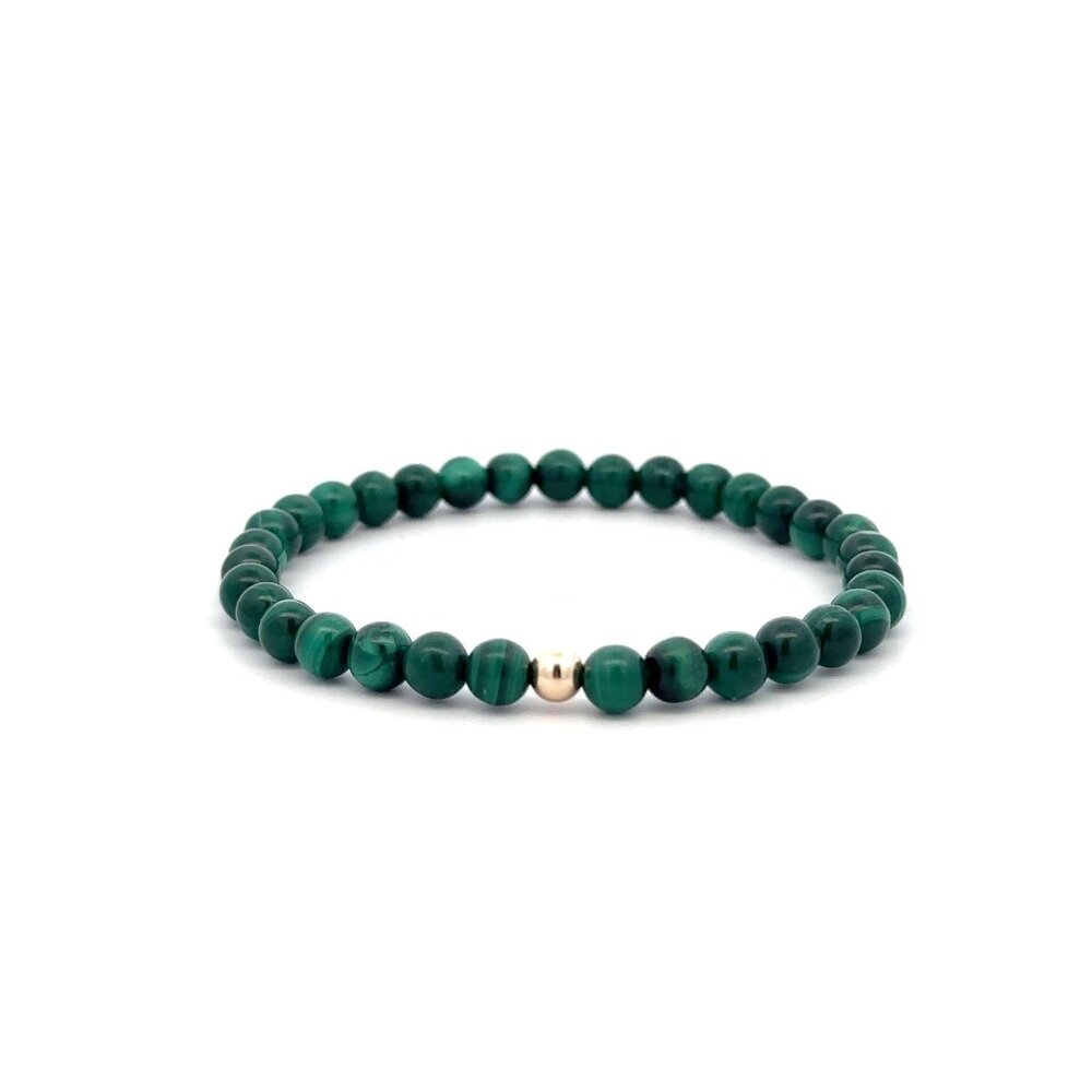 Malachite Gemstone Beaded Stretch Bracelet with 14K Gold Accent Bead Handmade